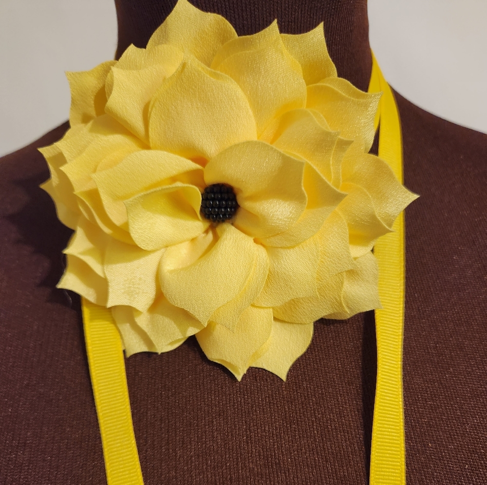 Hand Crafted Floral Choker Necklace Yellow Black Flower Necklace Ribbon Ties